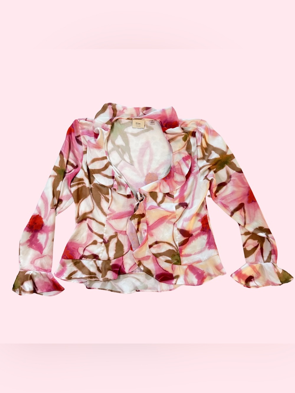 Elie Tahari Pink & Brown Floral Ruffle Tie-Front Blouse